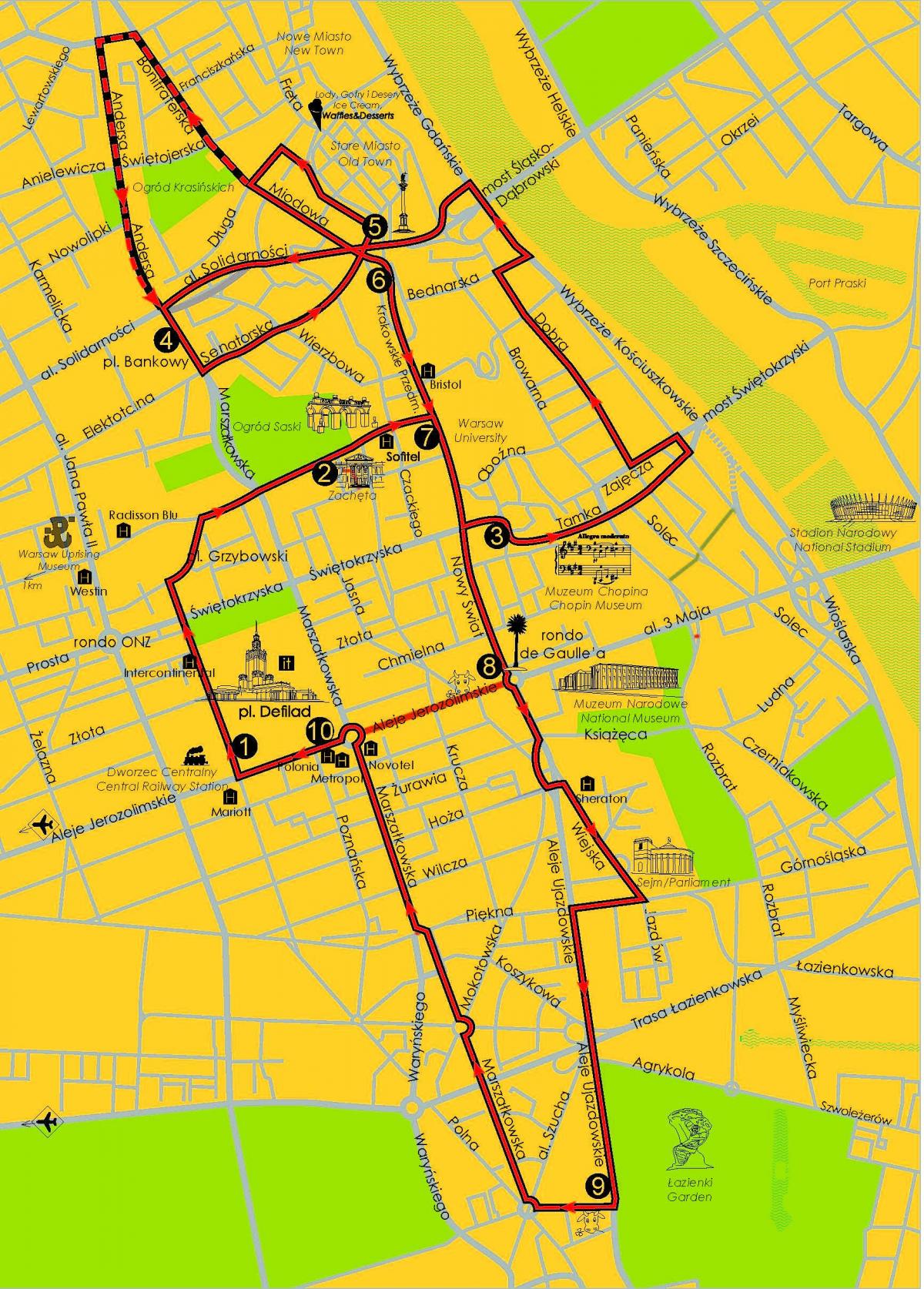 Карта Варшавы аўтобусны тур 